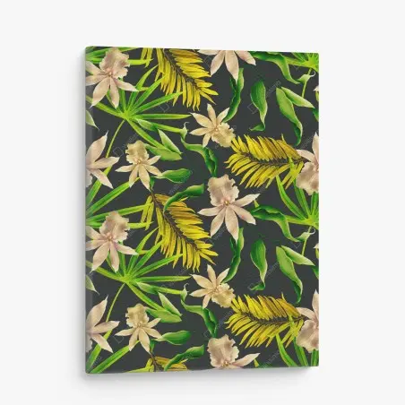 Cuadro en lienzo estampado tropical de orquídeas sobre fondo oscuro – Pixers®