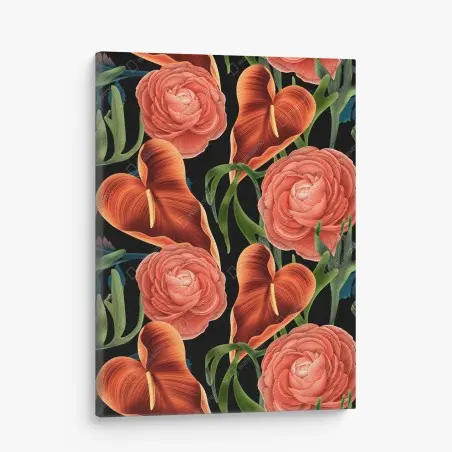 Cuadro en lienzo patrón floral de anthuriums y ranúnculos sobre fondo negro – Pixers®