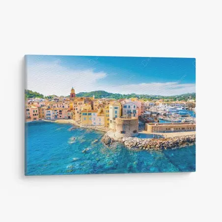 Cuadro en lienzo panorámica de pueblo costero y puerto con aguas cristalinas – Pixers®