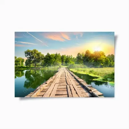 Póster puente rústico sobre lago al atardecer – Pixers®