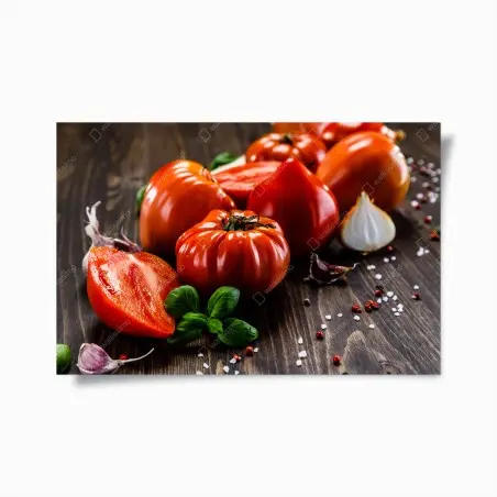 Póster tomates rústicos y albahaca sobre madera – Pixers®