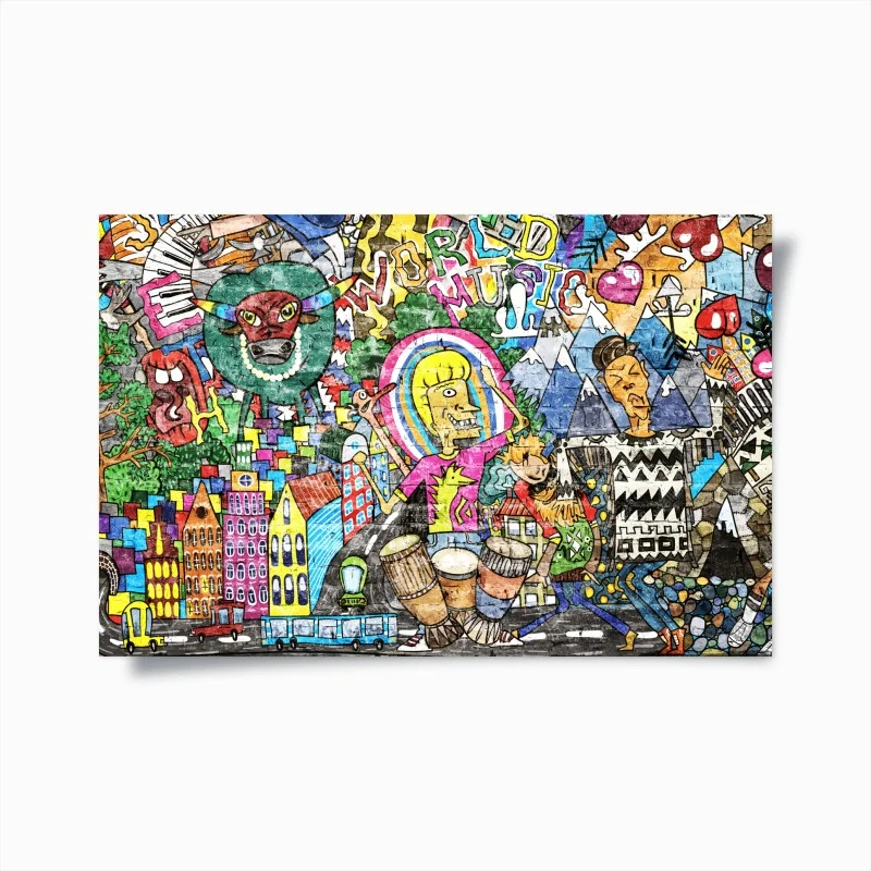 Póster mural urbano vibrante de fantasía y música