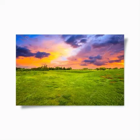 Póster paisaje de pradera al atardecer con cielo colorido – Pixers®
