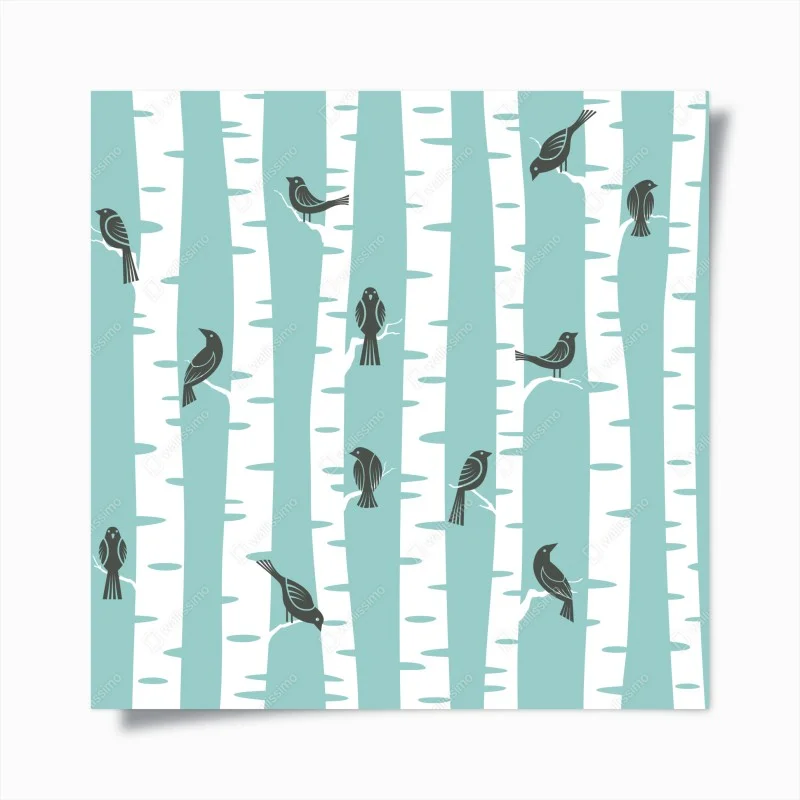 Póster patrón de abedules y pájaros en menta
