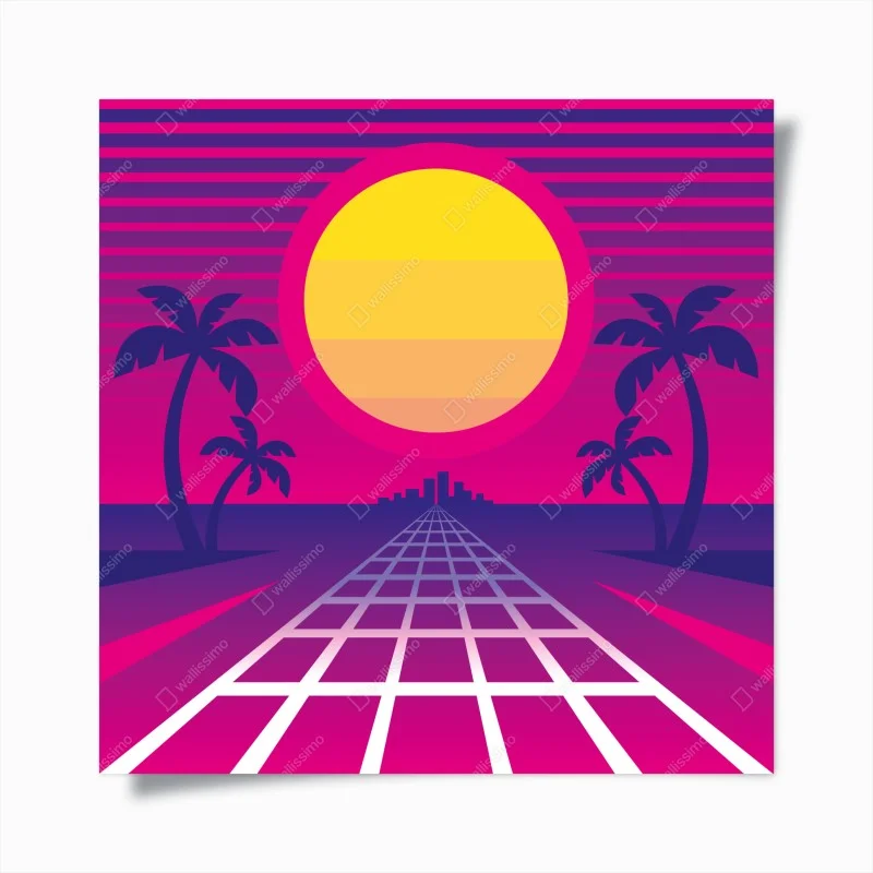 Póster atardecer retro en neón con palmeras y rejilla
