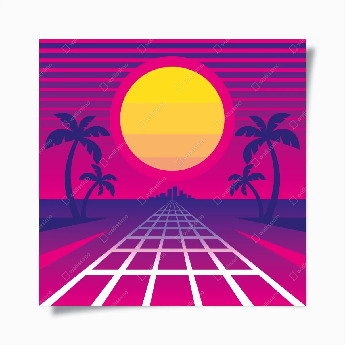 Póster atardecer retro en neón con palmeras y rejilla – Pixers® Póster atardecer retro en neón con palmeras y rejilla – Pixers®