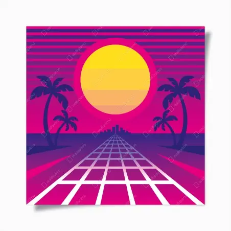Póster atardecer retro en neón con palmeras y rejilla – Pixers®
