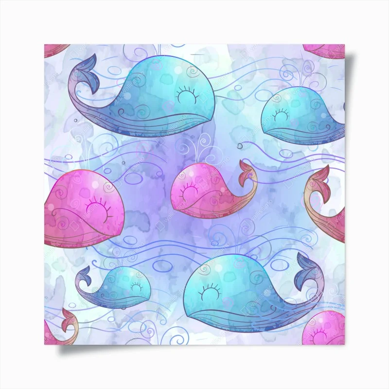Póster ballenas acuareladas en tonos pastel para decoración infantil