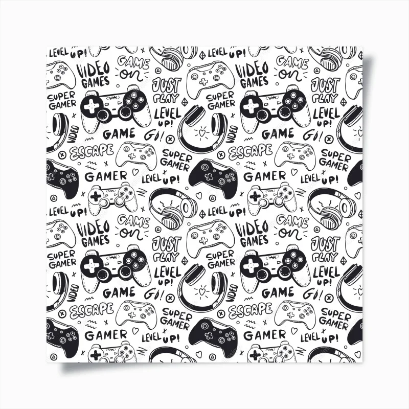 Póster patrón de videojuegos en estilo doodle blanco y negro
