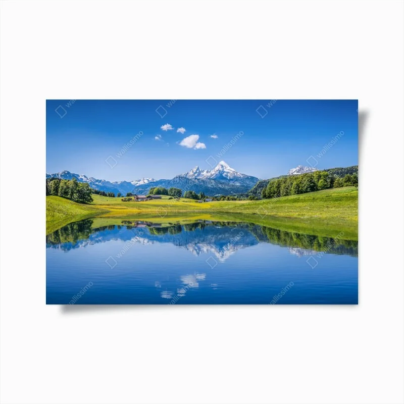 Póster paisaje alpino con lago y reflejo
