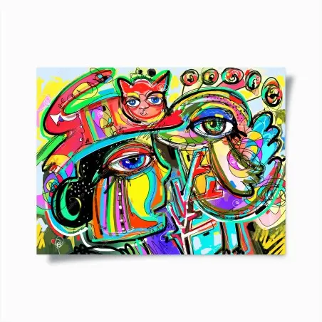 Póster rostro colorido con gato rojo y pájaro – Pixers®