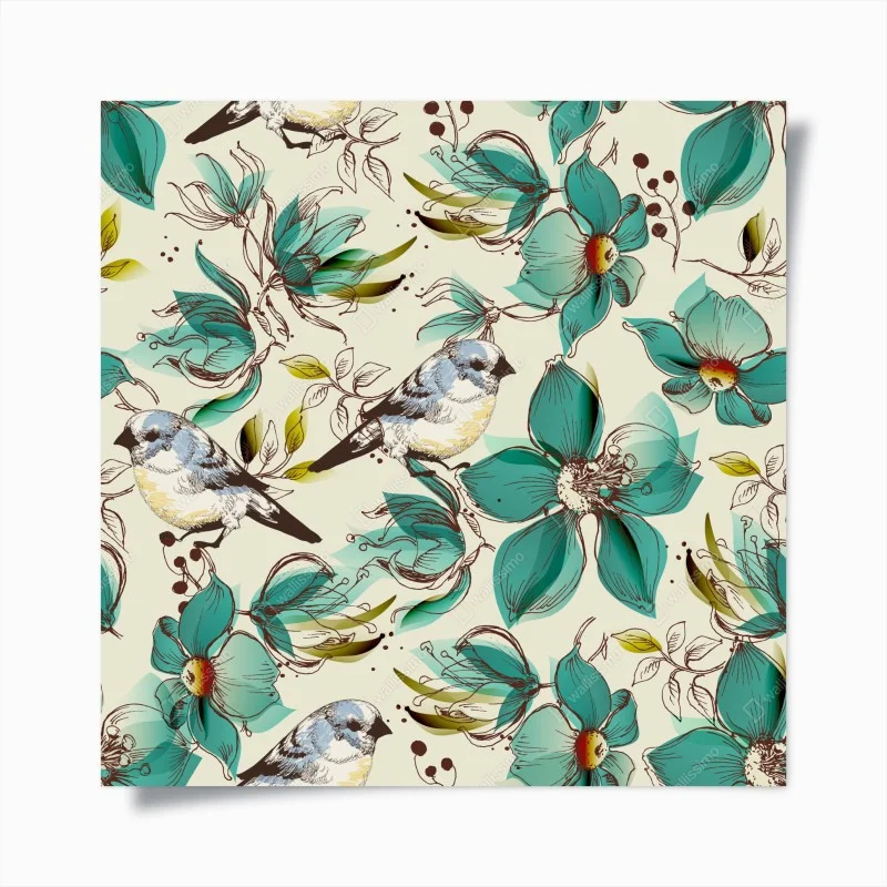 Póster estampado retro de pájaros y flores turquesa