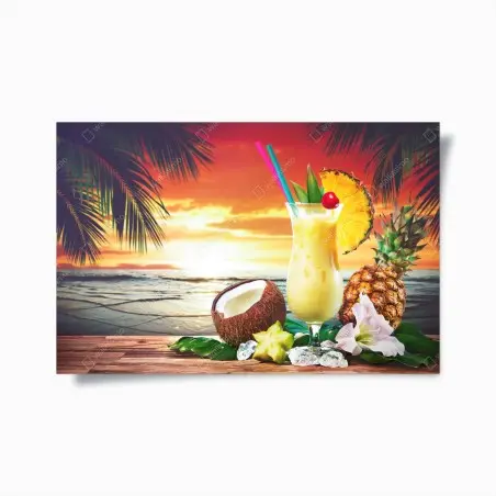 Póster atardecer tropical con cóctel de piña y coco – Pixers®