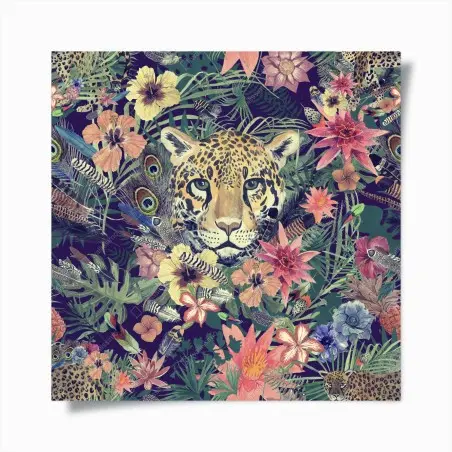 Póster leopardo en selva acuarelada y flores exóticas – Pixers®