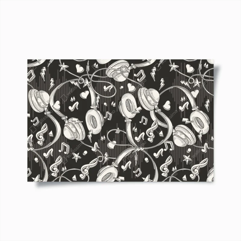 Póster patrón de auriculares y notas musicales
