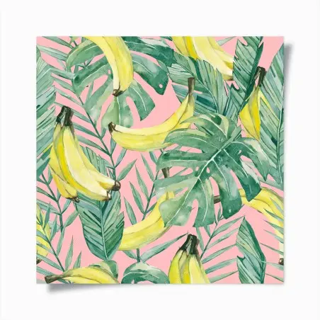 Póster hojas tropicales y bananas en acuarela sobre fondo rosa – Pixers®
