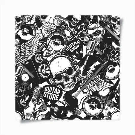 Póster calavera rock y guitarras en diseño monocromo – Pixers®