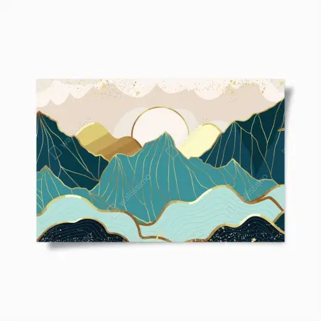 Póster paisaje montañoso en tonos verde azulado y dorado – Pixers®