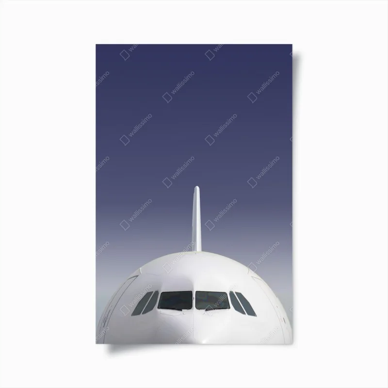 Póster morro de avión sobre cielo azul degradado