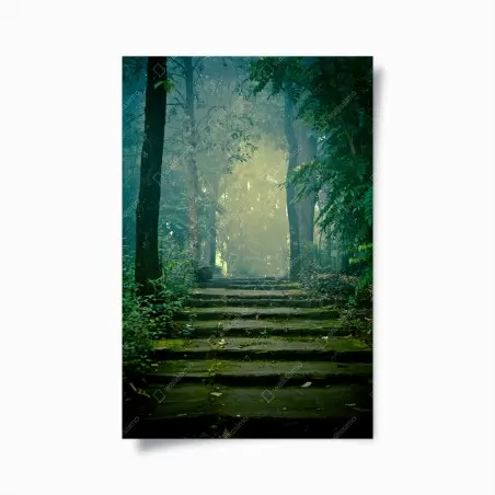Póster escalera de piedra hacia un bosque brumoso – Pixers®