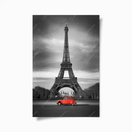 Póster París en contraste: coche rojo frente a la Torre Eiffel – Pixers®