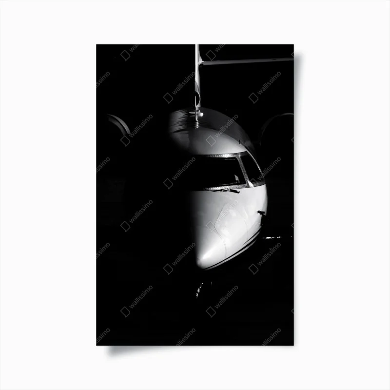 Póster perfil frontal minimalista de avión en blanco y negro