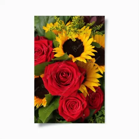 Póster ramo de rosas rojas y girasoles vibrantes – Pixers®