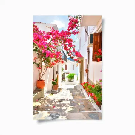 Póster calle mediterránea con buganvillas en flor – Pixers®