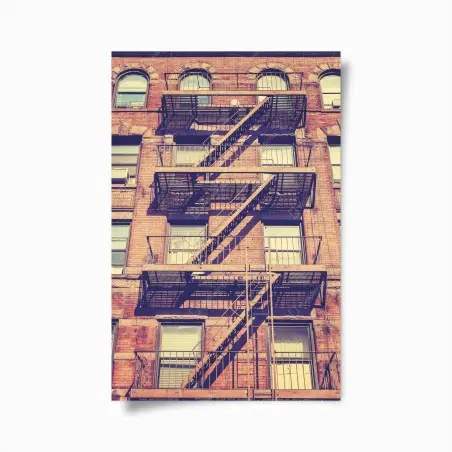 Póster fachada vintage con escaleras de incendios en Nueva York – Pixers®