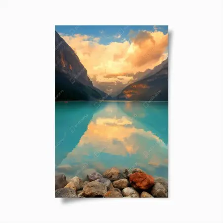 Póster amanecer en Lago Louise: paisaje sereno – Pixers®