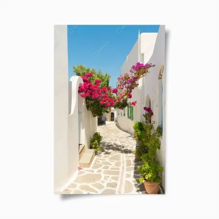 Póster rincón mediterráneo de casas blancas y buganvillas – Pixers®