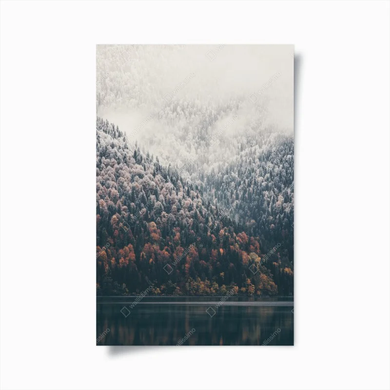 Póster bosque otoñal y montaña nevada junto al lago