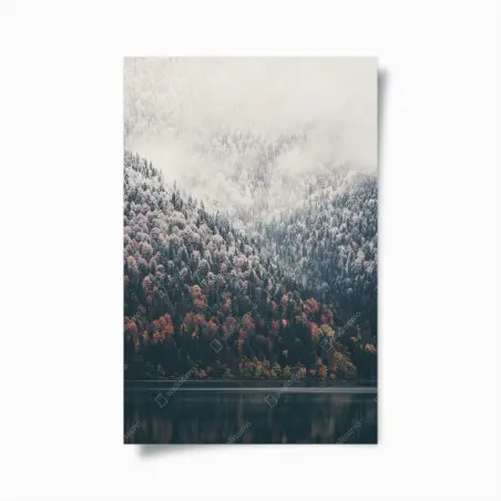 Póster bosque otoñal y montaña nevada junto al lago – Pixers®