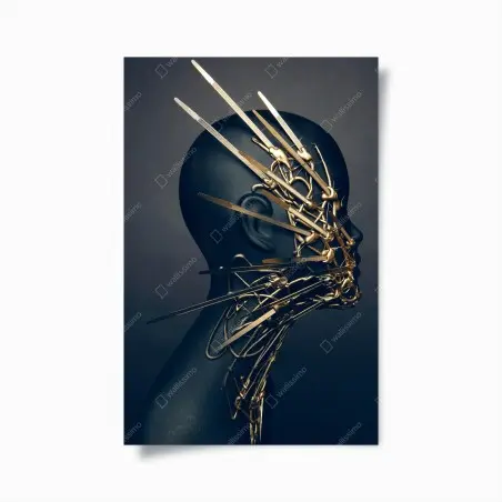 Póster máscara escultórica dorada sobre perfil de maniquí negro – Pixers®