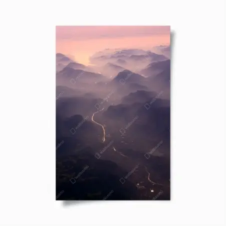 Póster paisaje aéreo de montañas y río al amanecer – Pixers®