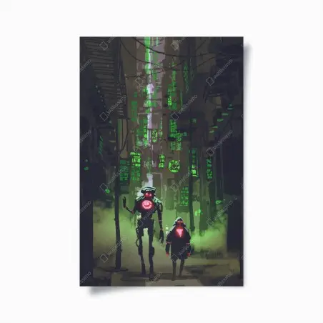 Póster caminantes mecánicos en un callejón de neón – Pixers®