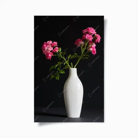Póster rosas fucsia en jarrón blanco sobre fondo negro – Pixers®