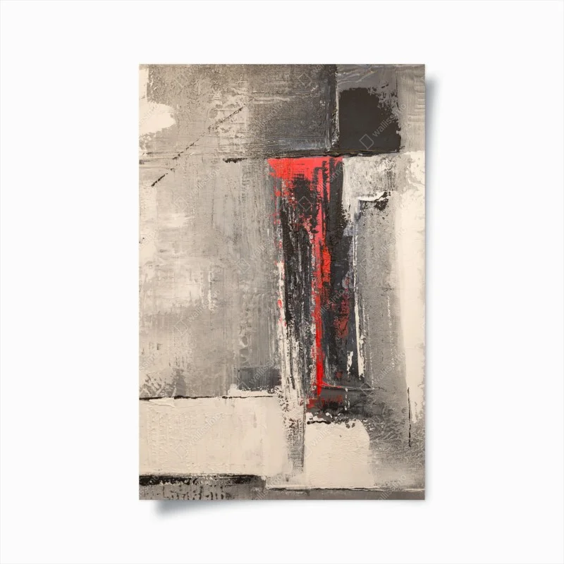 Póster composición abstracta en tonos grises con acento rojo