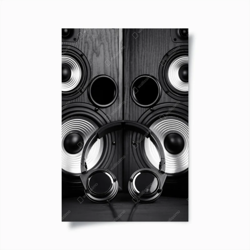 Póster auriculares frente a altavoces en blanco y negro