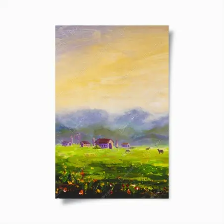 Póster amanecer en la granja entre colinas – Pixers®