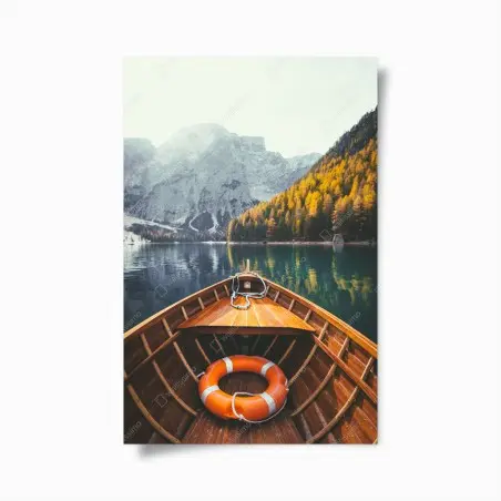 Póster amanecer en Lago di Braies: bote de madera y montañas – Pixers®