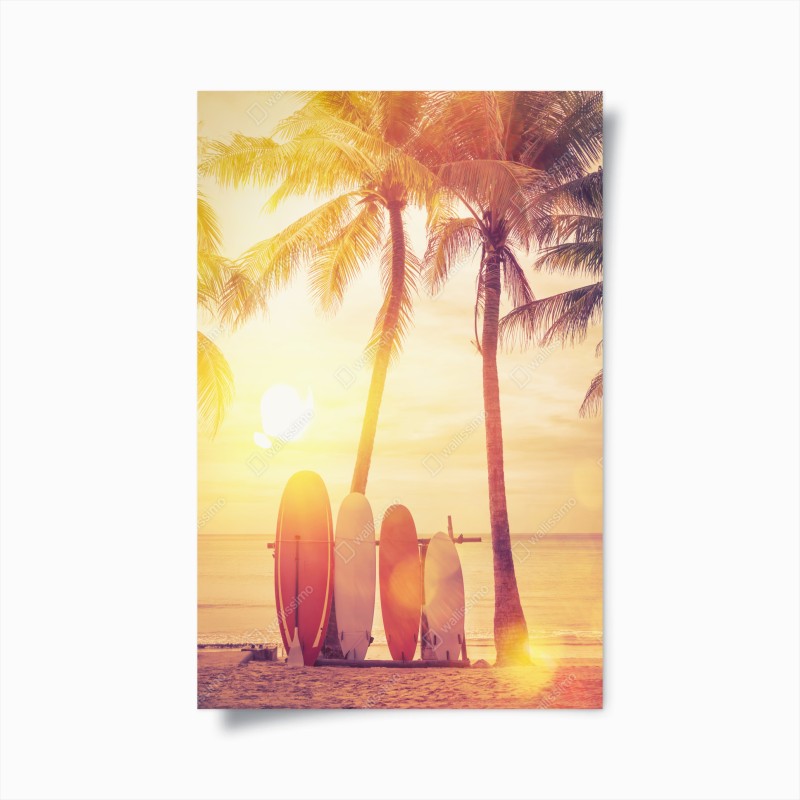Póster atardecer tropical con tablas de surf