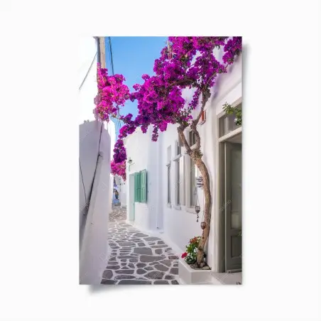 Póster rincón mediterráneo con buganvillas moradas – Pixers®