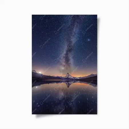 Póster cielo estrellado sobre montaña reflejada – Pixers®
