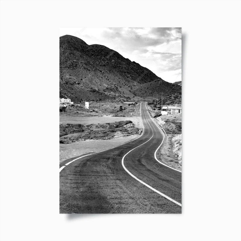 Póster carretera sinuosa hacia las montañas