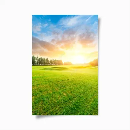 Póster puesta de sol sobre campo verde y bosque – Pixers®