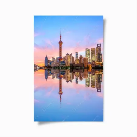 Póster amanecer en Shanghai: horizonte urbano reflejado – Pixers®