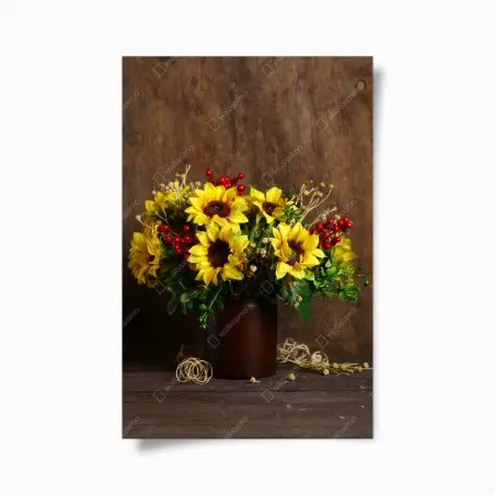 Póster ramo otoñal de girasoles sobre fondo de madera – Pixers®