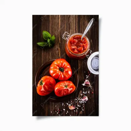 Póster tomates maduros y salsa casera sobre madera rústica – Pixers®