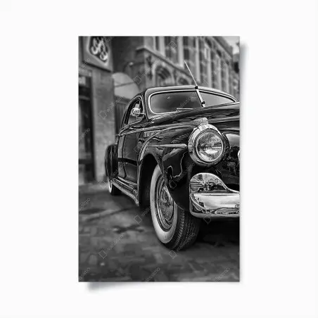 Póster coche clásico en blanco y negro en primer plano – Pixers®